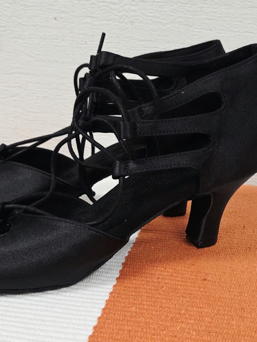 Ballroom Salsa Black Satin Lace-Up Dance Heels 9 - Picture 4 of 12